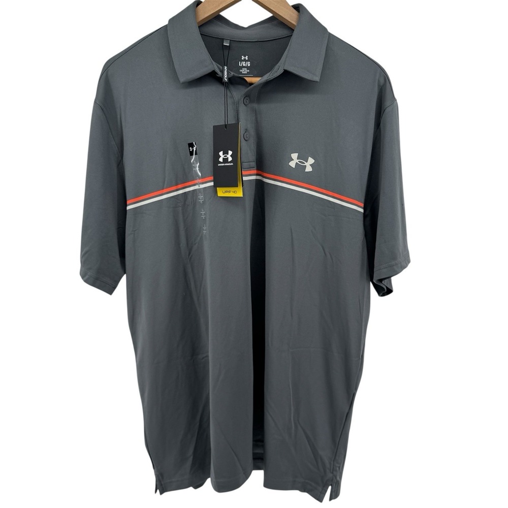 NEW Under Armour Playoff Polo Large Shirt Golf Gray Orange UA‎ 3.0 Stripe Polo